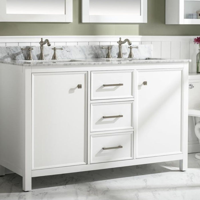 Barnstorm 54" White Modern Double Sink Bathroom Vanity with Carrara Marble Top & Storage Drawers