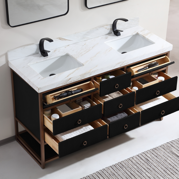 Venza 60" Double Vanity Golden Brush Stainless Steel Frame Tricorn Black Oak Wood – Modern Bathroom Vanity with 2" White Natural Marble Top