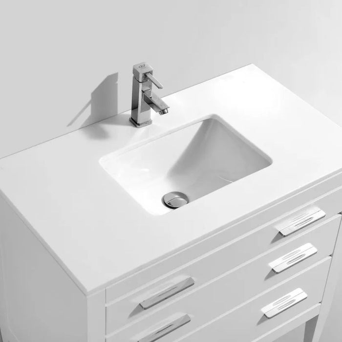 Abrea 36" High Gloss White Solid Wood Bathroom Vanity – Art Deco Style with Quartz Countertop