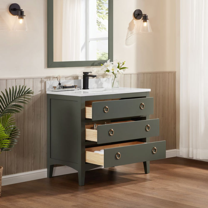 Keita 36" Pewter Green Transitional Bathroom Vanity - Solid Wood Construction with Artificial Stone Countertop & Rectangle Basin