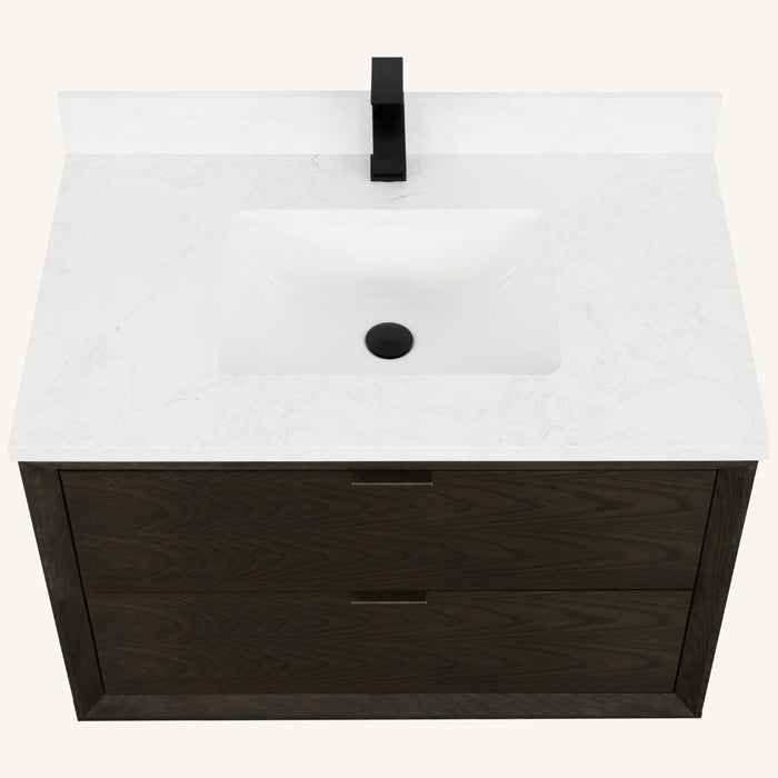 Alley 36" Brown Oak Bathroom Vanity Set - 1" Thick White Artificial Stone Countertop with Drawers