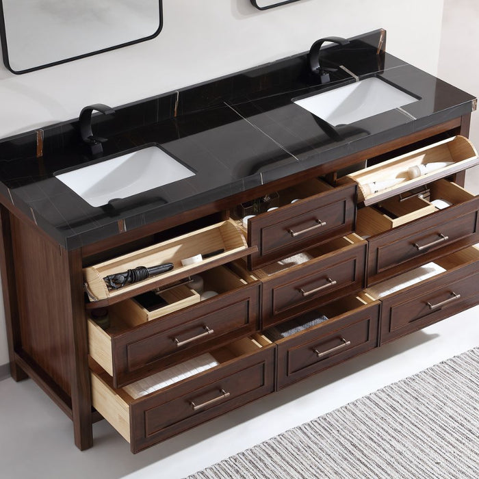 Catia 72" Double Sink Vanity Dark Finish - 2" Black Natural Marble Top with Ceramic Sinks