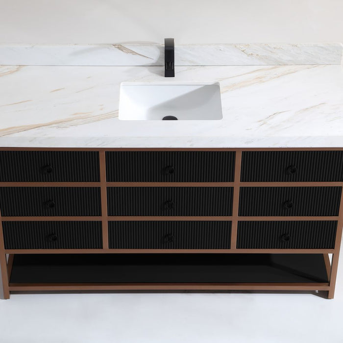 Lisen 60" Single Tricorn Black Stainless Steel Bathroom Vanity – Modern Golden Brush Finish Marble Top