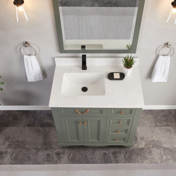 Sanaki 36" Solid Wood Bath Vanity French Contemporary Pewter Green Finish with Artificial Stone Top & 4 Drawers