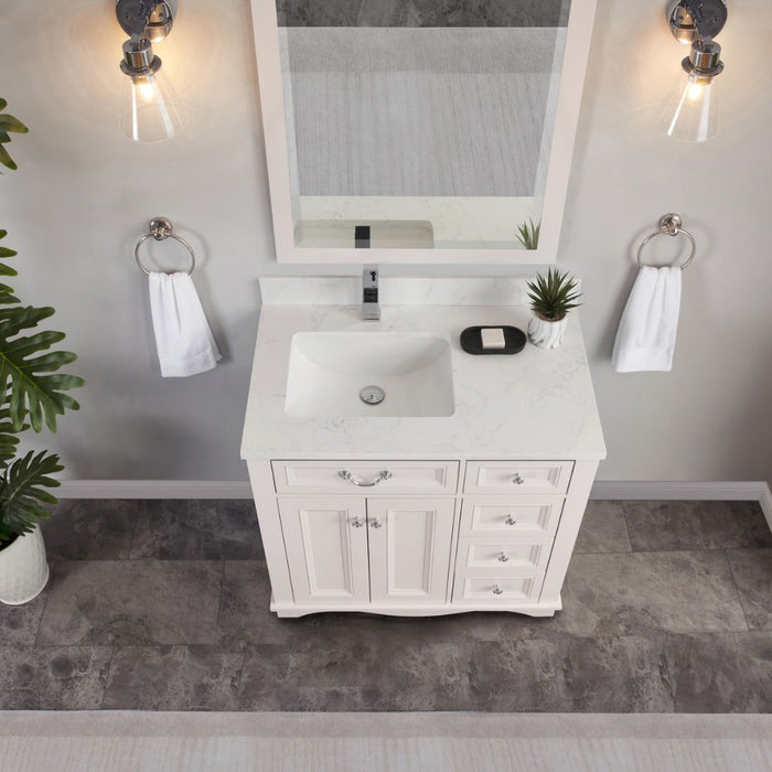 Rainier 36" Dreamy White Finish Bathroom Vanity with Artificial Stone Countertop & Dovetail Drawers