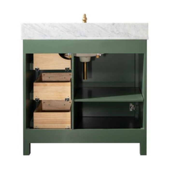 36" Luminescence Green Finish Bathroom Vanity - Carrara Marble Countertop with Ceramic Sink & Soft-Close Drawers
