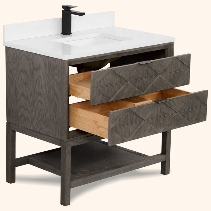 Janis Modern 36" Grey Oak Vanity on Legs with White Artificial Stone Top – 2-Drawer Bathroom Storage