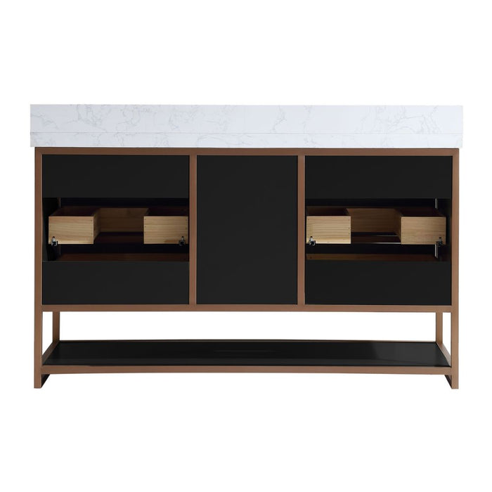 Kalinda 72" Modern Double Bathroom Vanity – Tricorn Black Golden Steel Frame White Stone Top