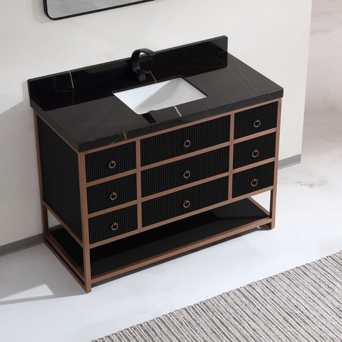 Kirchem 48" Modern Bathroom Vanity - Golden Brush Steel Frame Tricorn Black with Natural Stone Top