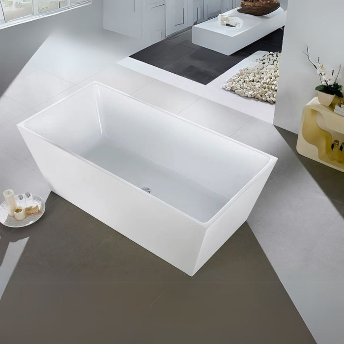 Carlo 63" White Rectangular Freestanding Bathtub – Modern Acrylic with Chrome Fixtures