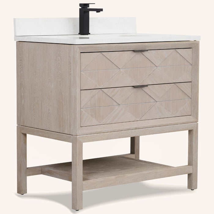 Harding 36" Whitewashed Oak Wood Vanity with White Stone Top - 2 Drawer Bathroom Cabinet