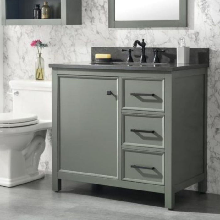 Sohan 36" Single Sink Vanity in Pewter Green - Blue Limestone Top, Pre-Drilled, 3 Drawers with Organizer