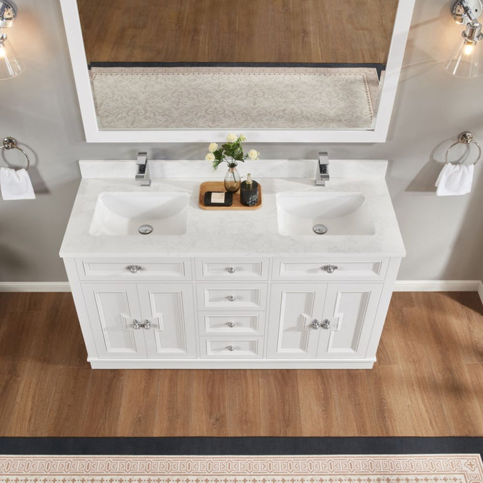 Aveneil Classic 60" White Solid Wood Single Sink Bathroom Vanity with Artificial Stone Top and Soft-Close Drawers
