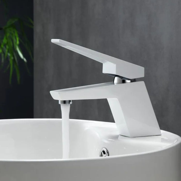 Aqua Duffy Modern Matt White Single Hole Bathroom Faucet – Solid Brass Single Lever Vanity Sink Faucet
