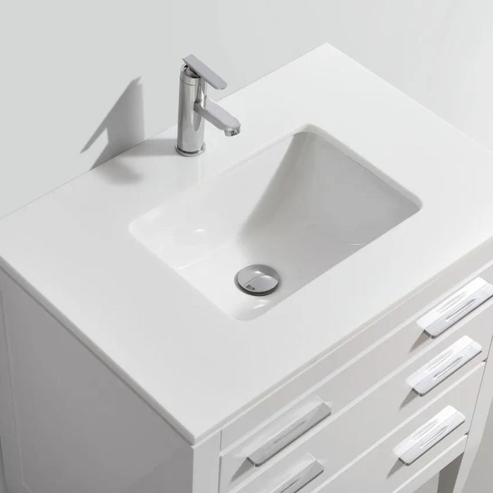 Alistair 30" Art Deco White Bathroom Vanity – Solid Wood Construction with Quartz Counter & 2 Drawers