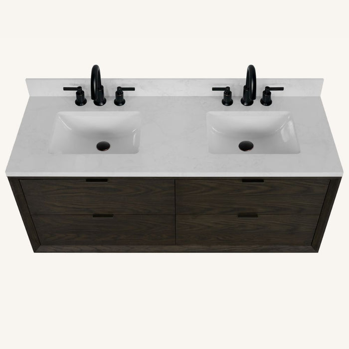 Sava 60" Brown Oak Vanity Cabinet with White Artificial Stone Top – 3-Hole Faucet Ready