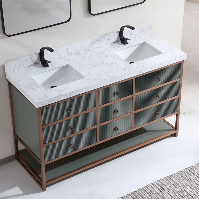 Apollonia 72" Double Bathroom Vanity in Pewter Green Oak – Contemporary Style with Stainless Steel Frame & 2" Artificial Stone Top