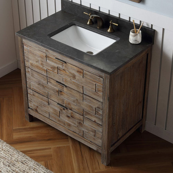 Nivernais 36" Brown Fir Wood Single Sink Vanity - Moon Stone Top White Ceramic Basin 3-Drawer Storage