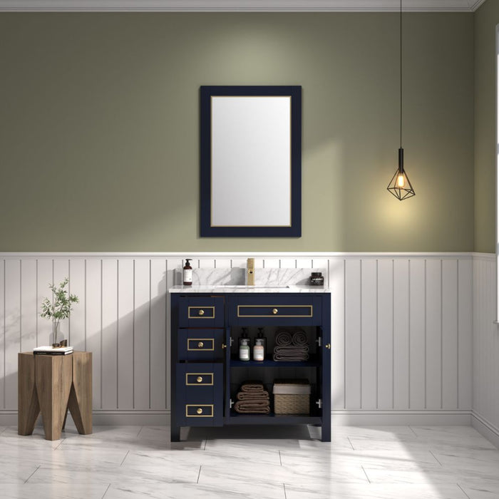Jacy 36" Blue Wood Bathroom Vanity with Carrara White Top, Single Sink, and Dovetail Drawers