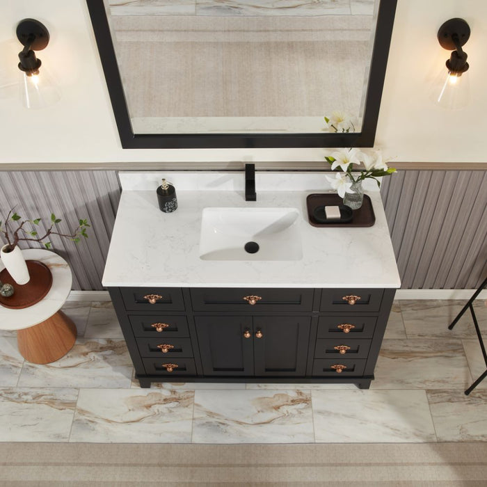 Haversham 48" Tricorn Black Free-Standing Single Vanity - Solid Wood Construction with 8 Dovetail Drawers & Stone Top