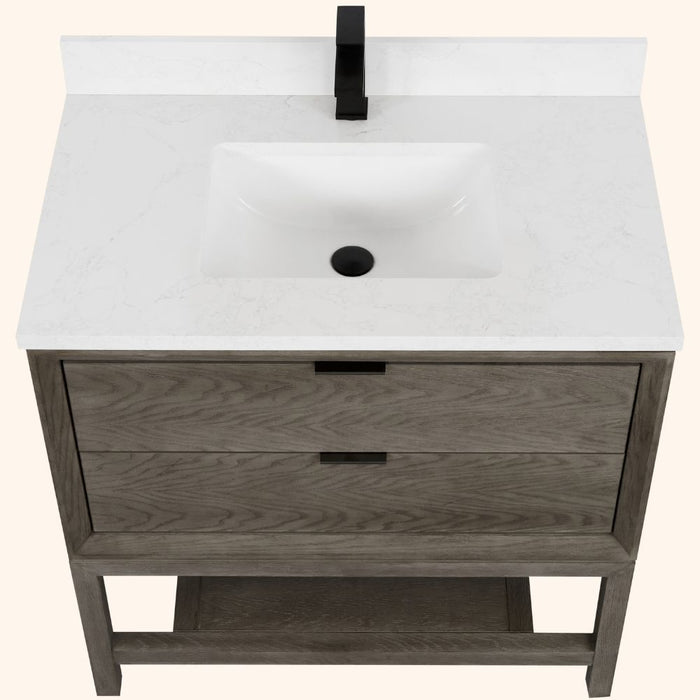 Grimson 36" Grey Oak Finish Single Sink Vanity – Free-Standing Bathroom Cabinet with White Artificial Stone Top