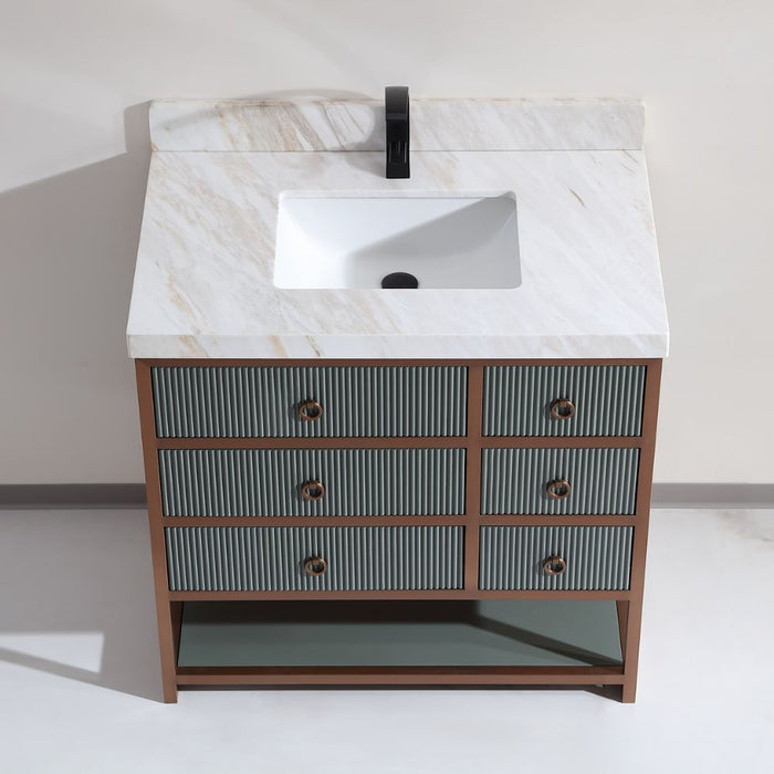 FusionBath 36" Pewter Green Stainless Steel Bathroom Vanity – Modern Golden Brush Oak Frame White Artificial Stone