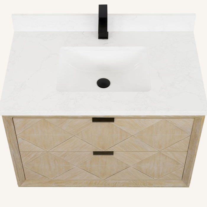 36" Vanity Whitewashed Oak Finish With 1" Thick White Artificial Stone
