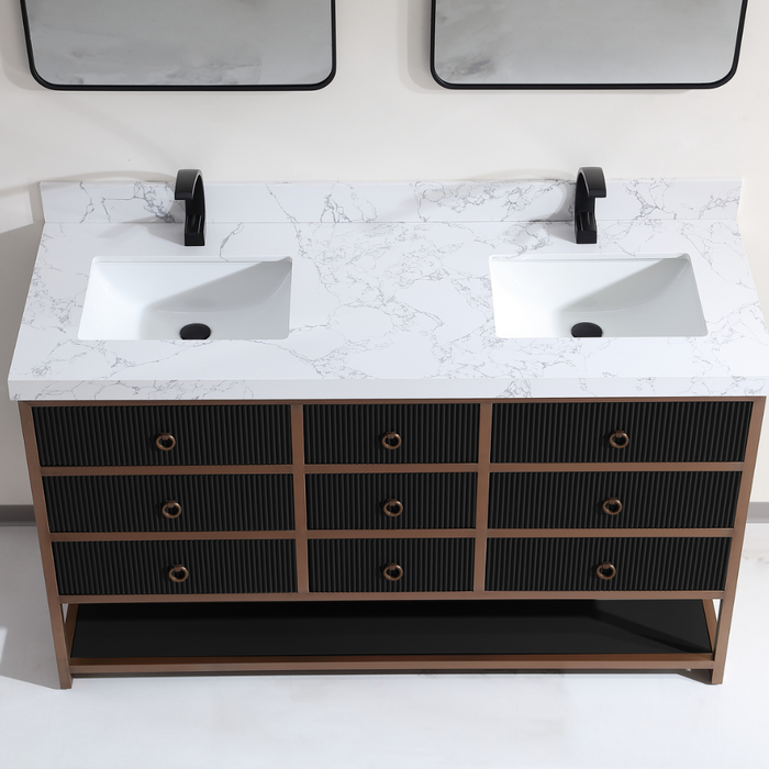 Mabelle 60" Tricorn Black Golden Stainless Steel Double Bathroom Vanity – Modern Oak Frame with White Stone Top