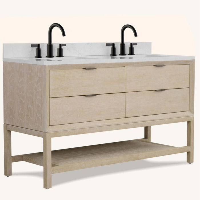 Miren 60" Whitewashed Oak Wood Vanity with Legs – White Stone Top & 3-Hole Faucet Drilling