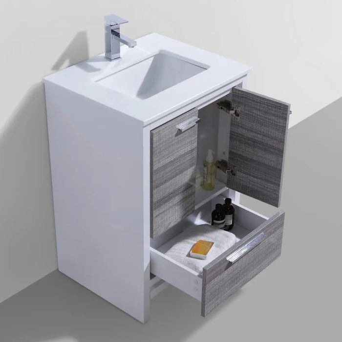 Rodney 24" Ash Gray Wood Veneer Bathroom Vanity – Contemporary Design White Quartz Counter