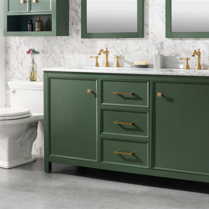 60" Seva Green Finish Double Sink Bathroom Vanity Cabinet with Carrara White Marble & 3 Drawers