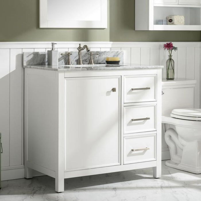 Calirette 36" White Single Sink Vanity with Carrara White Marble Top - 3 Drawer Storage