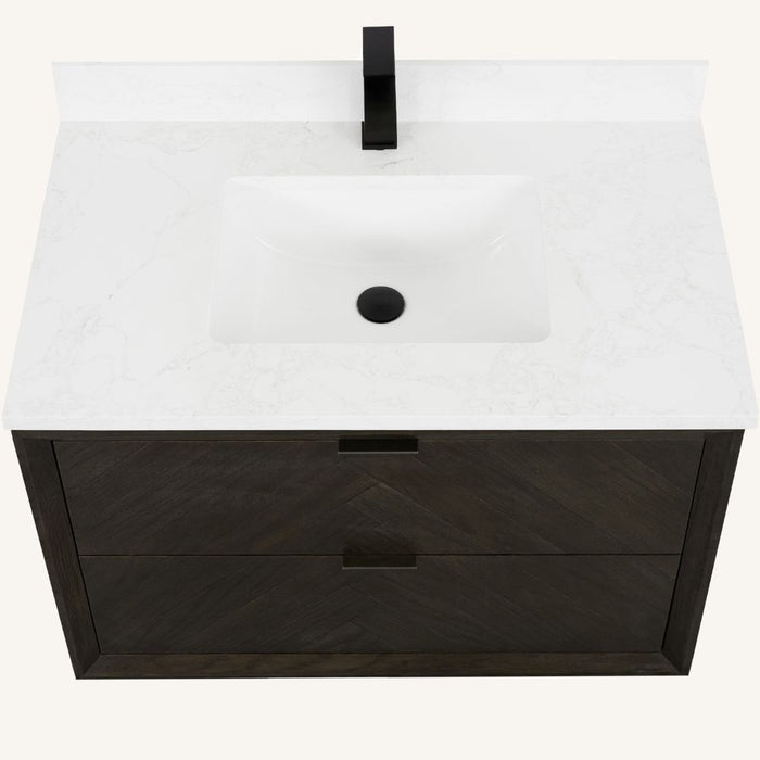 Leda 36" Brown Oak Bathroom Vanity with White Stone Top – Undermount Sink 2-Drawer Storage