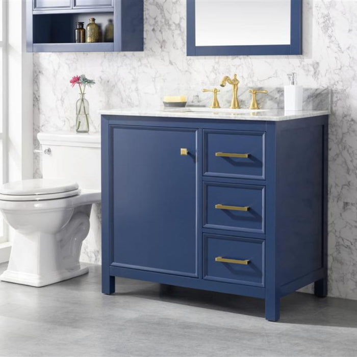Estra 36" Blue Wood Vanity Cabinet with White Carrara Marble Top and Ceramic Sink - Modern 3-Drawer Design