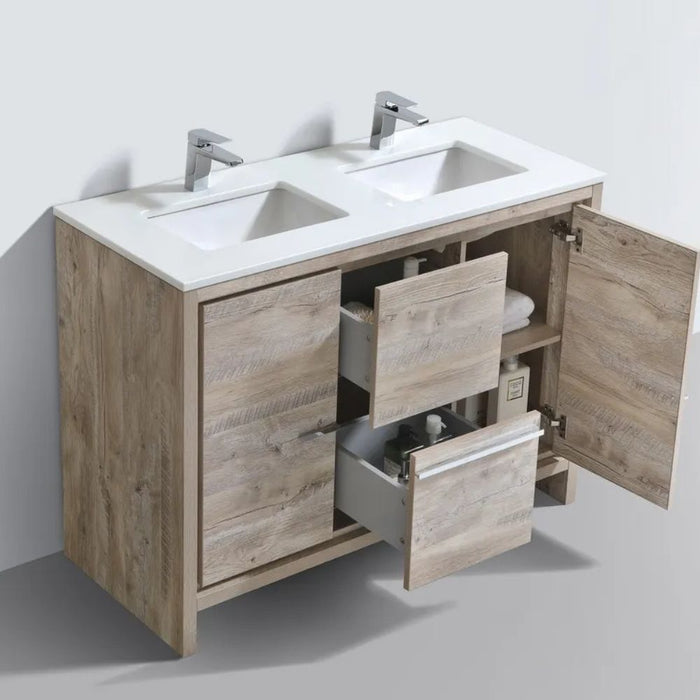 Brevin 48" Nature Wood Double Vanity Cabinet – Modern Bathroom Vanity with White Quartz Top & Soft-Close Hardware