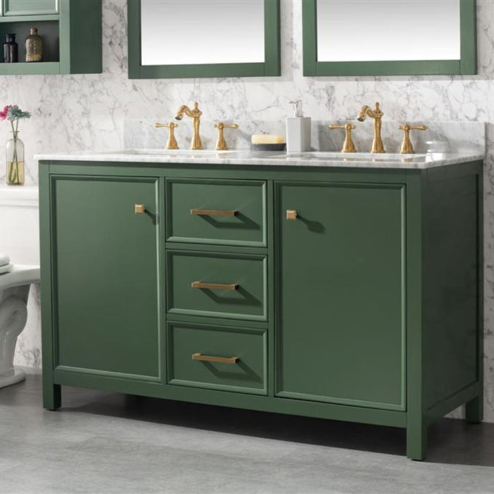 Monte 54" Green Wood Double Vanity Cabinet - With White Carrara Marble Top