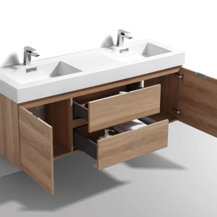 Mayln 60" Honey Oak Wood Veneer Double Sink Vanity – Wall Mounted Modern Bathroom Cabinet with Soft-Close Doors