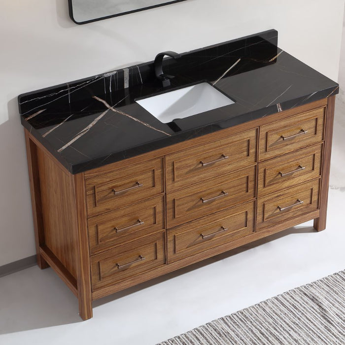 Pandora 60" Single Sink Vanity Black Natural Marble – Traditional Wood Bathroom Cabinet