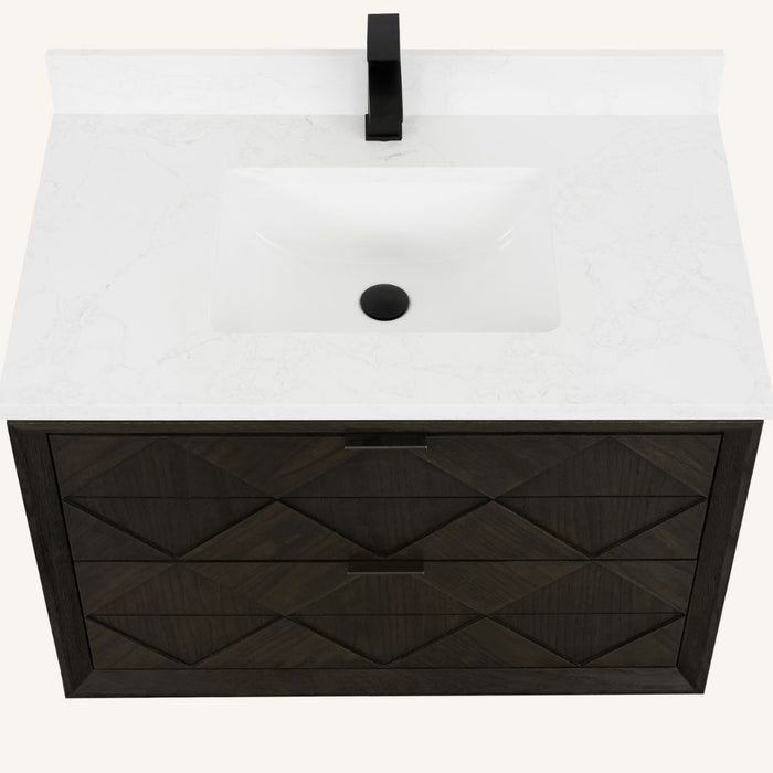 Gigi Traditional 36" Single Bathroom Vanity in Brown Oak – Free-Standing with White Stone Top & Pre-Drilled Faucet Hole