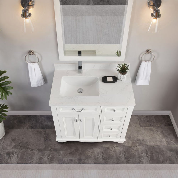 Vologne 36" White Solid Wood Bathroom Vanity Cabinet with Artificial Stone Top, Soft-Close Drawers & Dovetail Construction