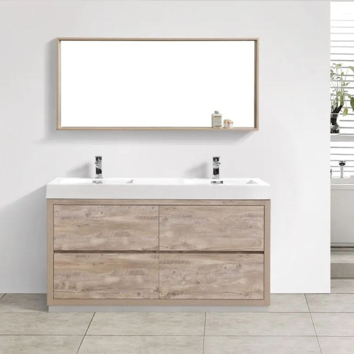 Shaelynn 60" Double Sink Nature Wood Wall Mount Bathroom Vanity - Modern Style with Soft-Close Drawers