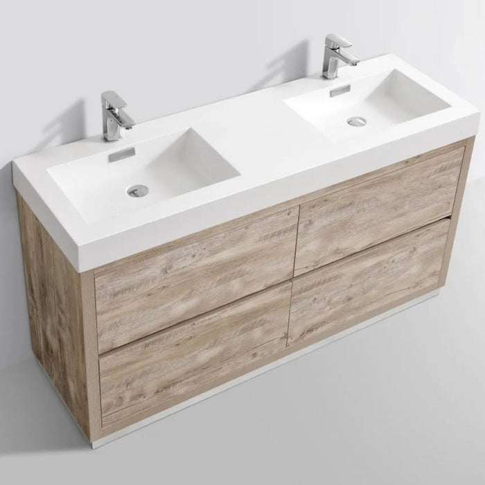Shaelynn 60" Double Sink Nature Wood Wall Mount Bathroom Vanity - Modern Style with Soft-Close Drawers