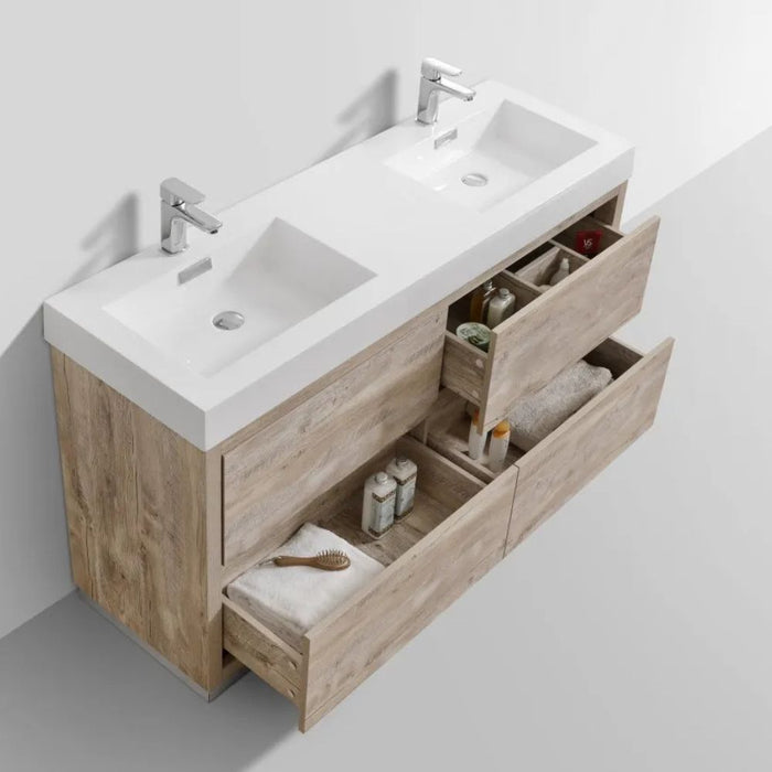 Shaelynn 60" Double Sink Nature Wood Wall Mount Bathroom Vanity - Modern Style with Soft-Close Drawers