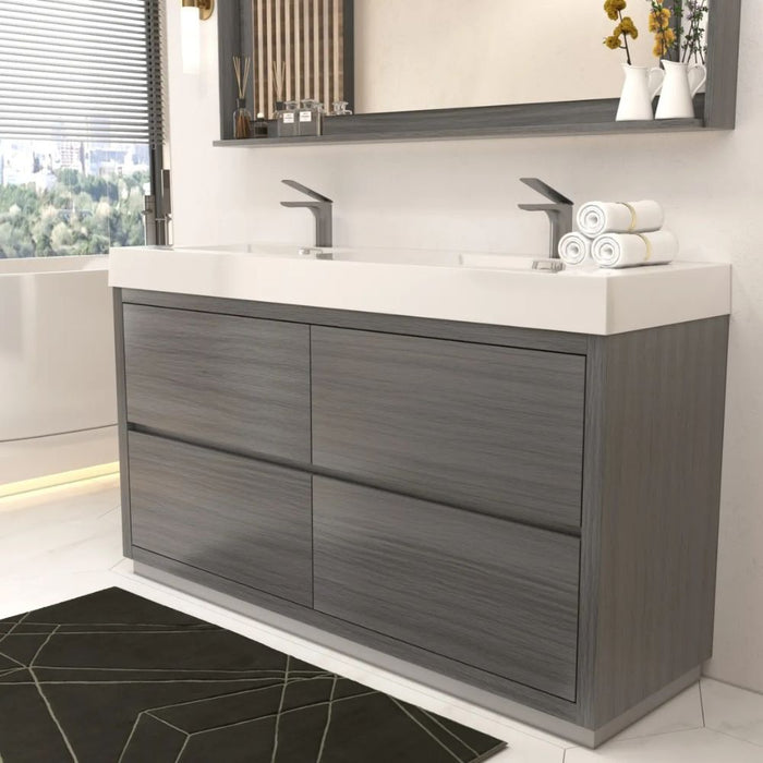Vulcan 60" Double Sink Vulcan Ash Grey Wood Bathroom Vanity – Modern Freestanding Cabinet with Push-Open Hardware
