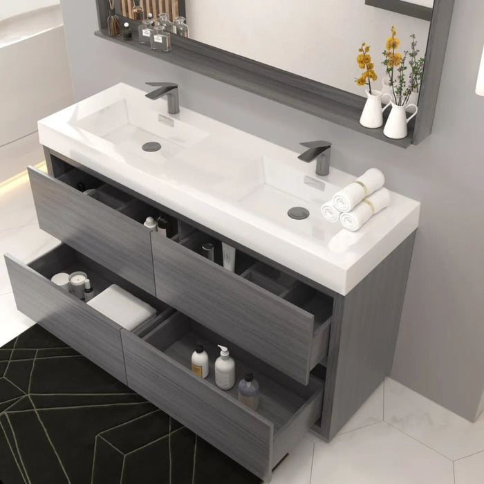Vulcan 60" Double Sink Vulcan Ash Grey Wood Bathroom Vanity – Modern Freestanding Cabinet with Push-Open Hardware