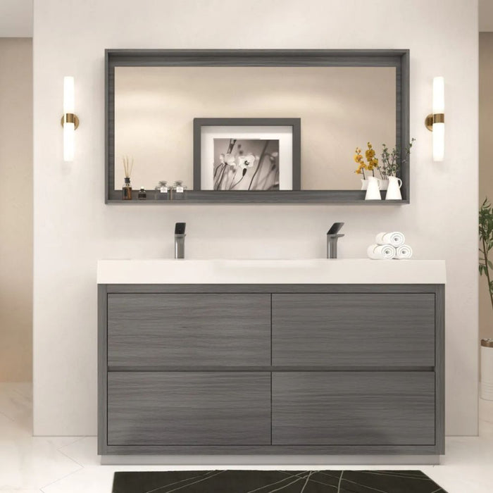 Vulcan 60" Double Sink Vulcan Ash Grey Wood Bathroom Vanity – Modern Freestanding Cabinet with Push-Open Hardware