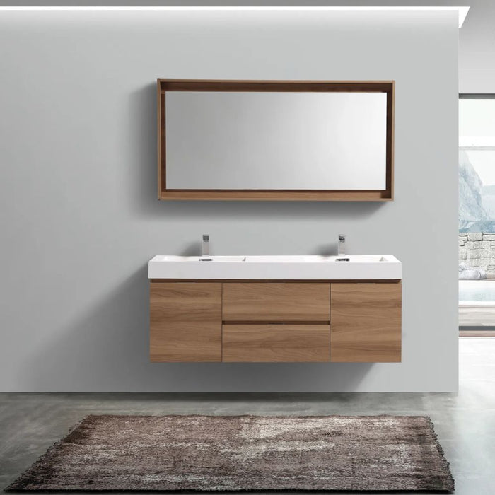 Mayln 60" Honey Oak Wood Veneer Double Sink Vanity – Wall Mounted Modern Bathroom Cabinet with Soft-Close Doors