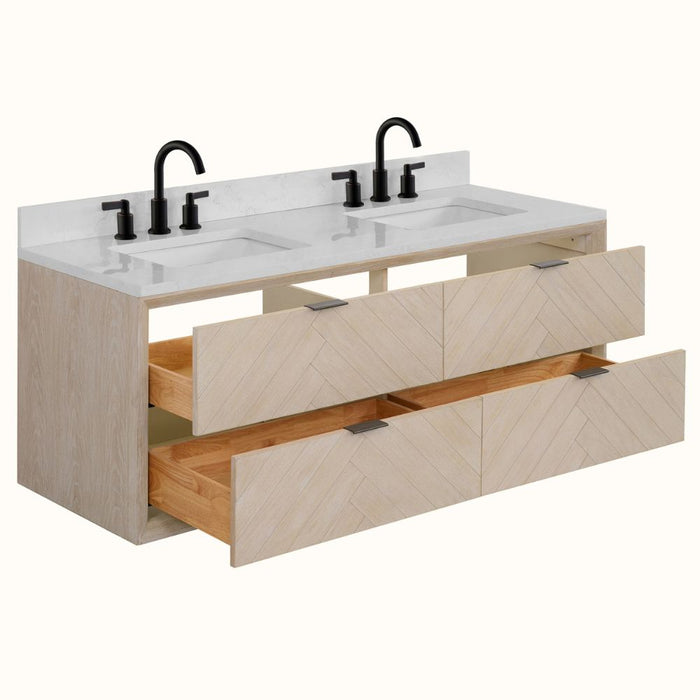Tannis 60" Whitewashed Oak Bathroom Vanity with White Artificial Stone Top – Traditional 4-Drawer Design