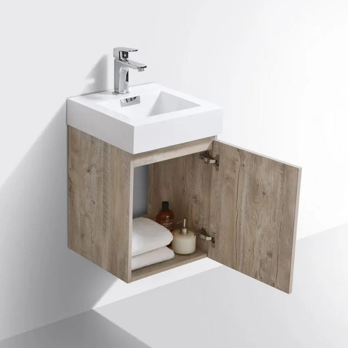 Joey 16" Nature Wood Compact Wall Mount Bathroom Vanity – Modern Design with Integrated Acrylic Sink
