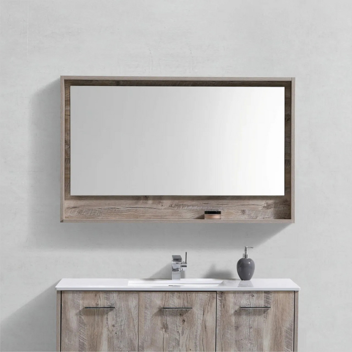 Tayda 48" Natural Wood Finish Framed Mirror with Bottom Shelf - Easy Install Bathroom Mirror